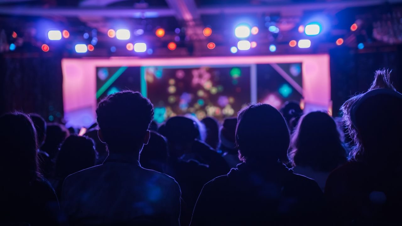 who-we-are Back view of people at a concert with colorful stage lights creating a vibrant atmosphere.